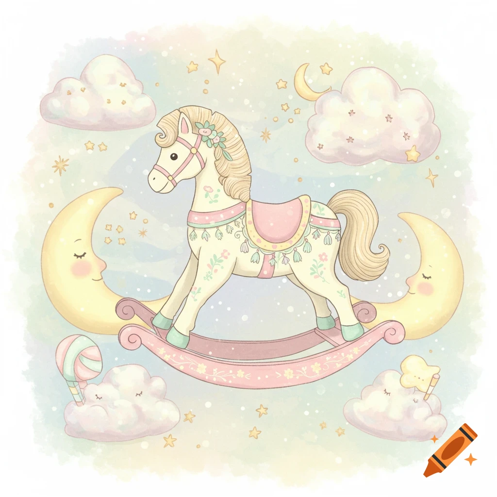 A cute babyish rocking horse in pastel colors, surrounded by smiling moons, clouds, and stars, in a watercolor illustration style.