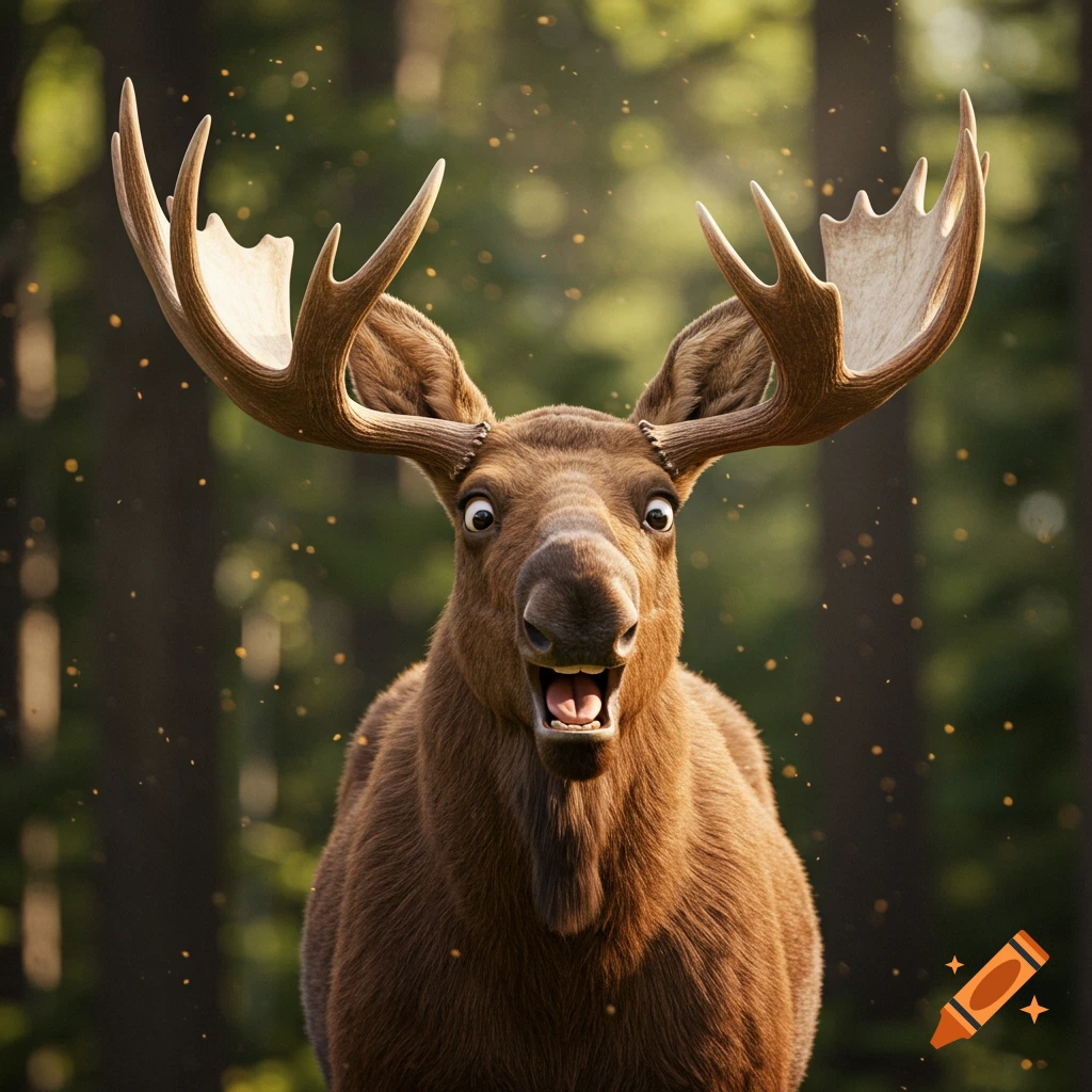 A close-up of a moose with large, wide-open eyes and an open mouth, looking shocked, standing in a forest with dappled sunlight.