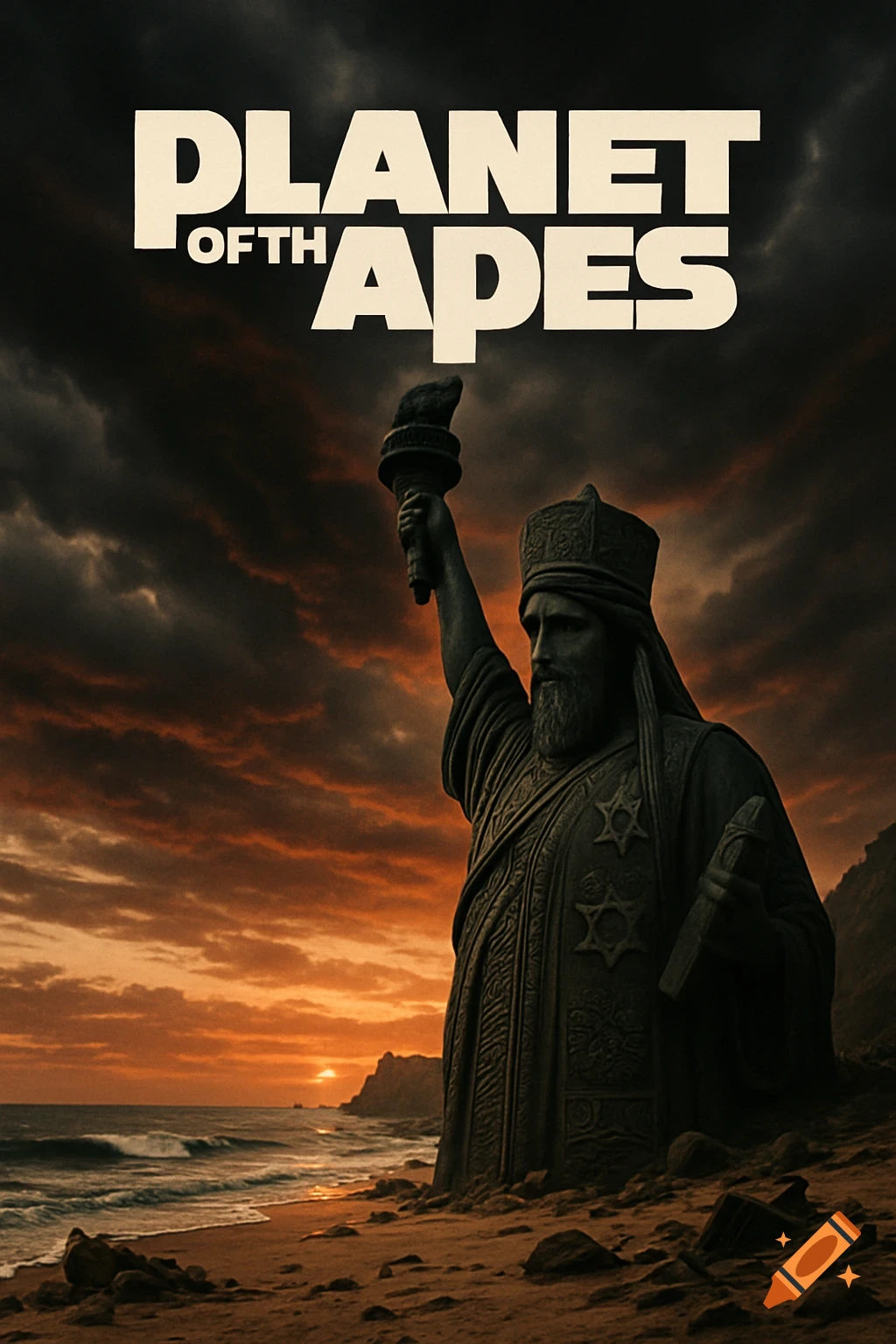 Movie poster for Planet of the Apes. A bearded statue, like the Statue of Liberty, stands on a beach at sunset.