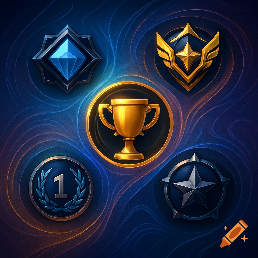 Five stylized gaming achievement icons including a golden trophy, diamond, star shield, silver star, and a badge with the number '1' on a blue background.