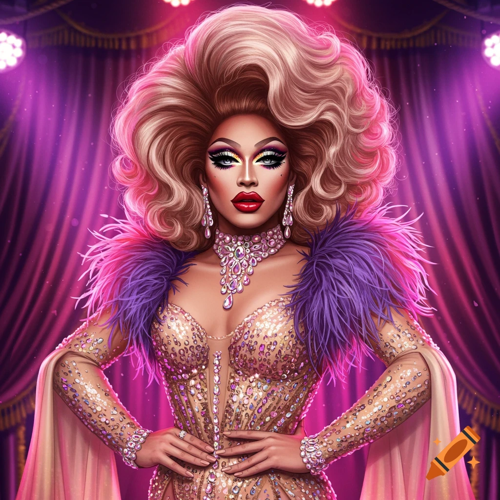An illustrative portrait of a drag queen in a sparkling gold gown, large blonde wig, and bold makeup, standing against a purple curtain backdrop with spotlights.