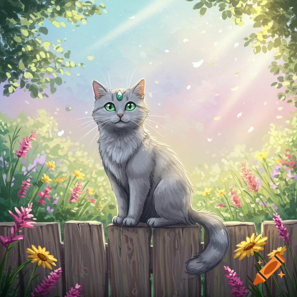 A gray cat with bright green eyes and a third eye gem sits on a wooden fence in a vibrant, sunlit garden filled with colorful flowers. Illustrated style.