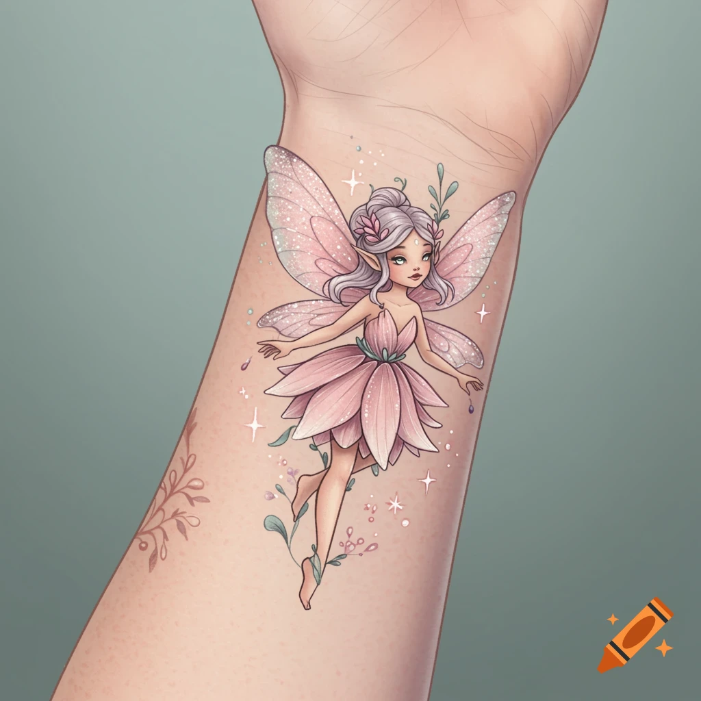 Cute pink fairy illustration with sparkling wings and a flower petal dress tattooed on a person's forearm.