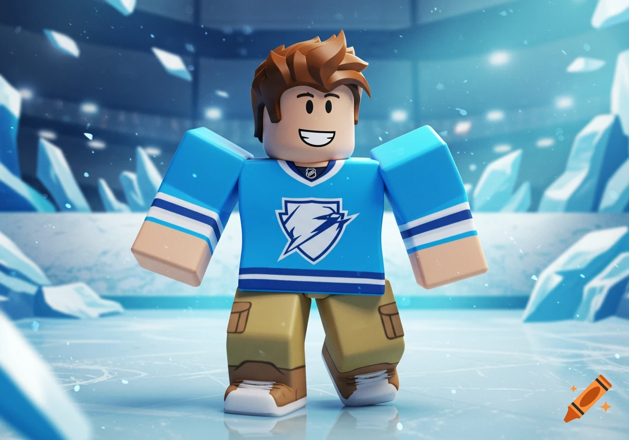 A Roblox character in a blue hockey jersey and khaki pants stands on an icy rink with ice shards in the background.