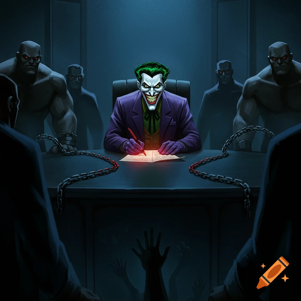 The Joker, in a purple suit, signs a document at a dark boardroom table, surrounded by hulking henchmen, with hands reaching up from below, in a comic book style.