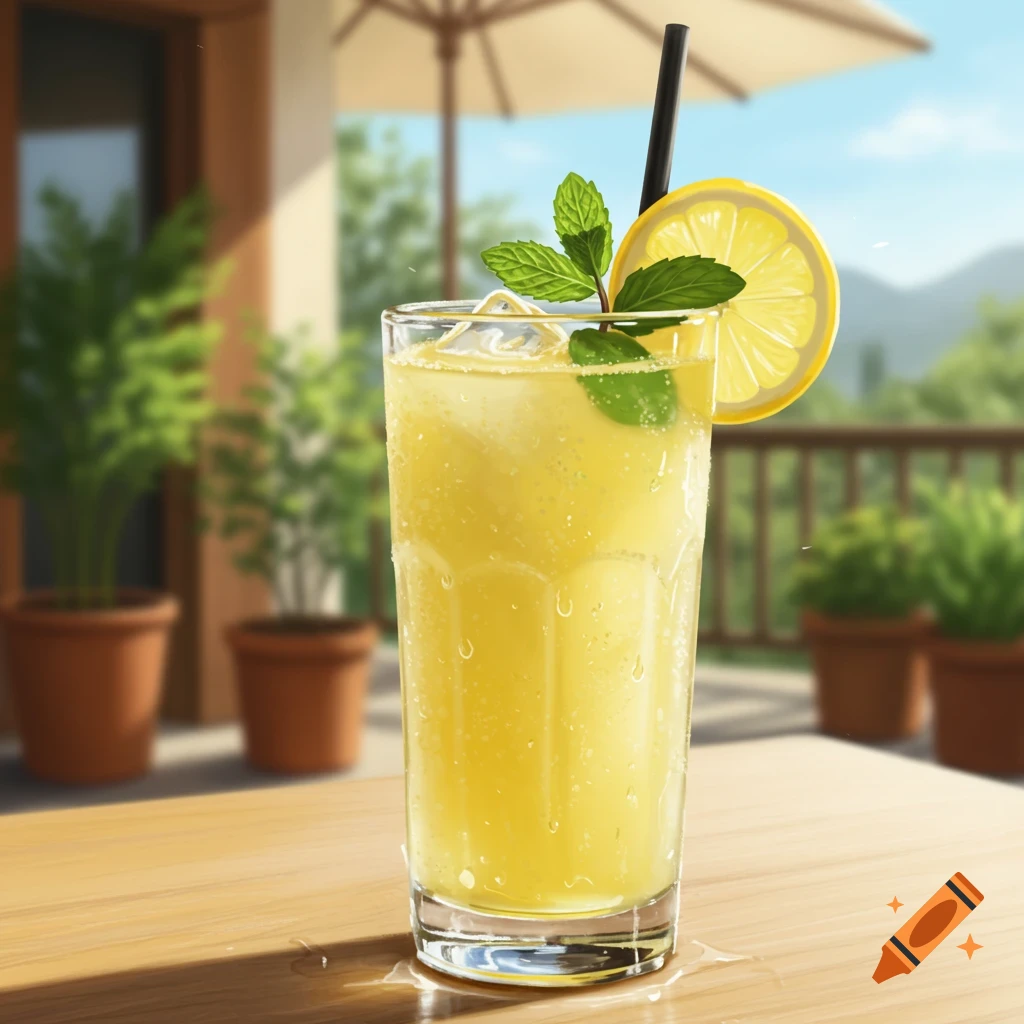 A refreshing glass of lemonade with ice, a lemon slice, and mint leaves sits on a wooden table outdoors.