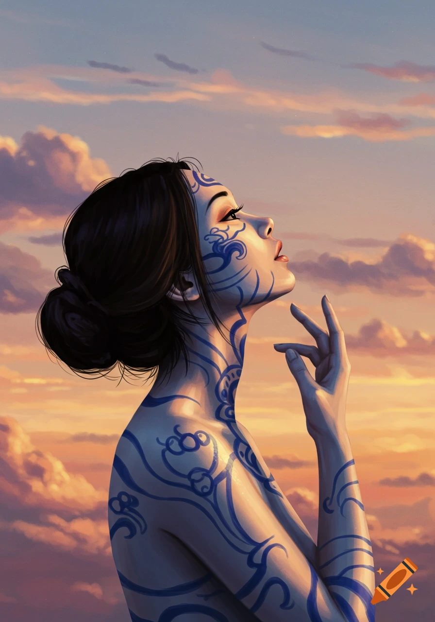 A woman with blue porcelain-like patterns on her skin looks up, her hand raised, against a warm sunset sky.