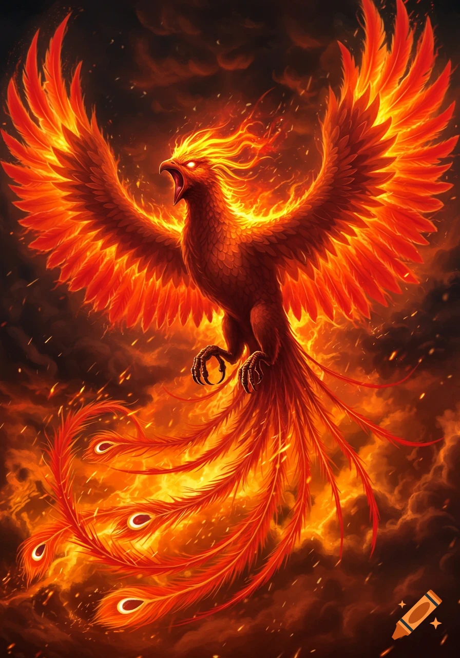 A vibrant, screaming phoenix bird with glowing eyes, enveloped in fiery orange and red flames against a dark, smoky background.