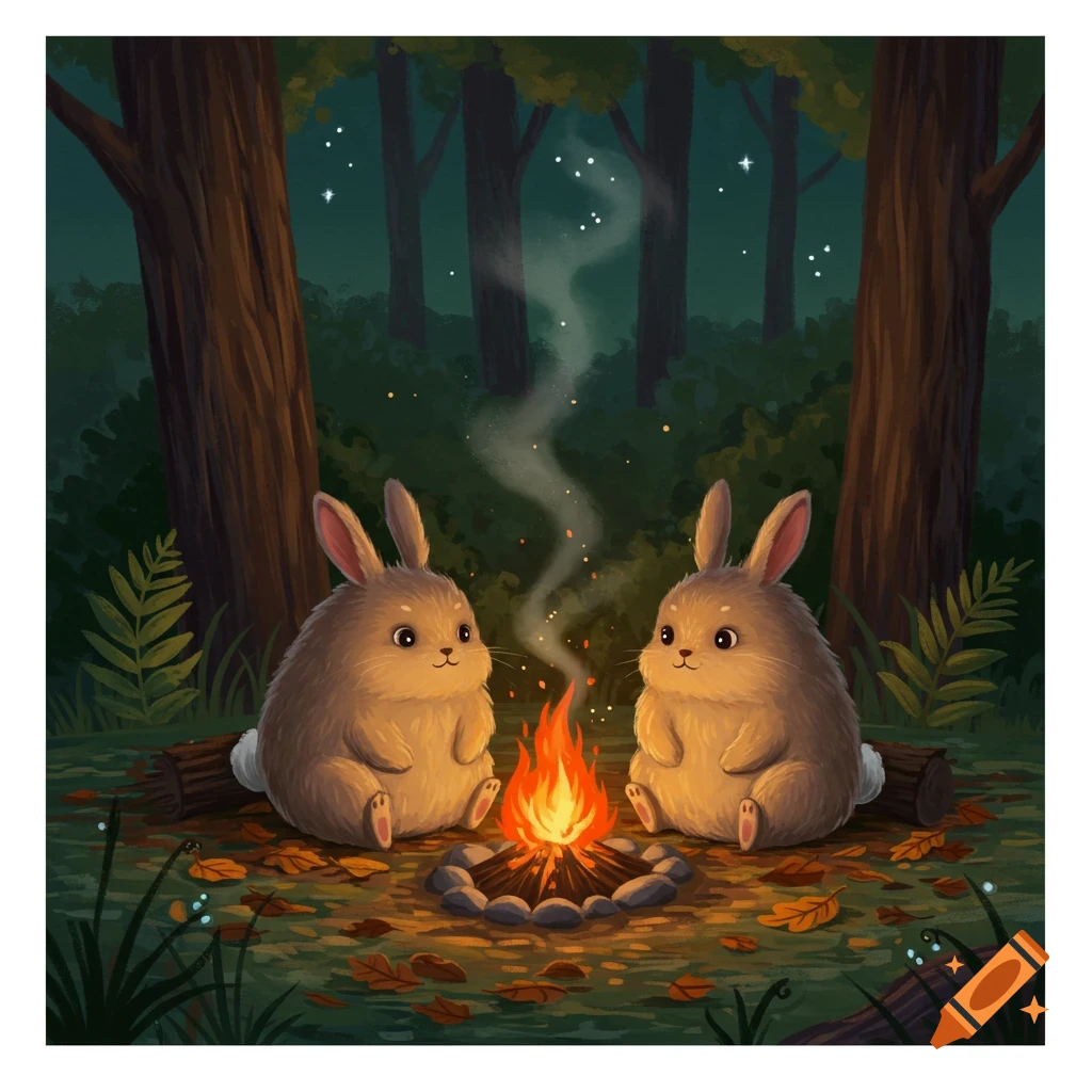 Two cute, fluffy bunnies sit by a glowing campfire in a dark forest at night, surrounded by autumn leaves.