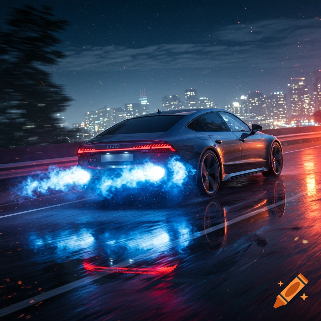 A dark gray Audi RS7 drives at night with blue flames shooting from its exhaust, reflecting on the wet city street.