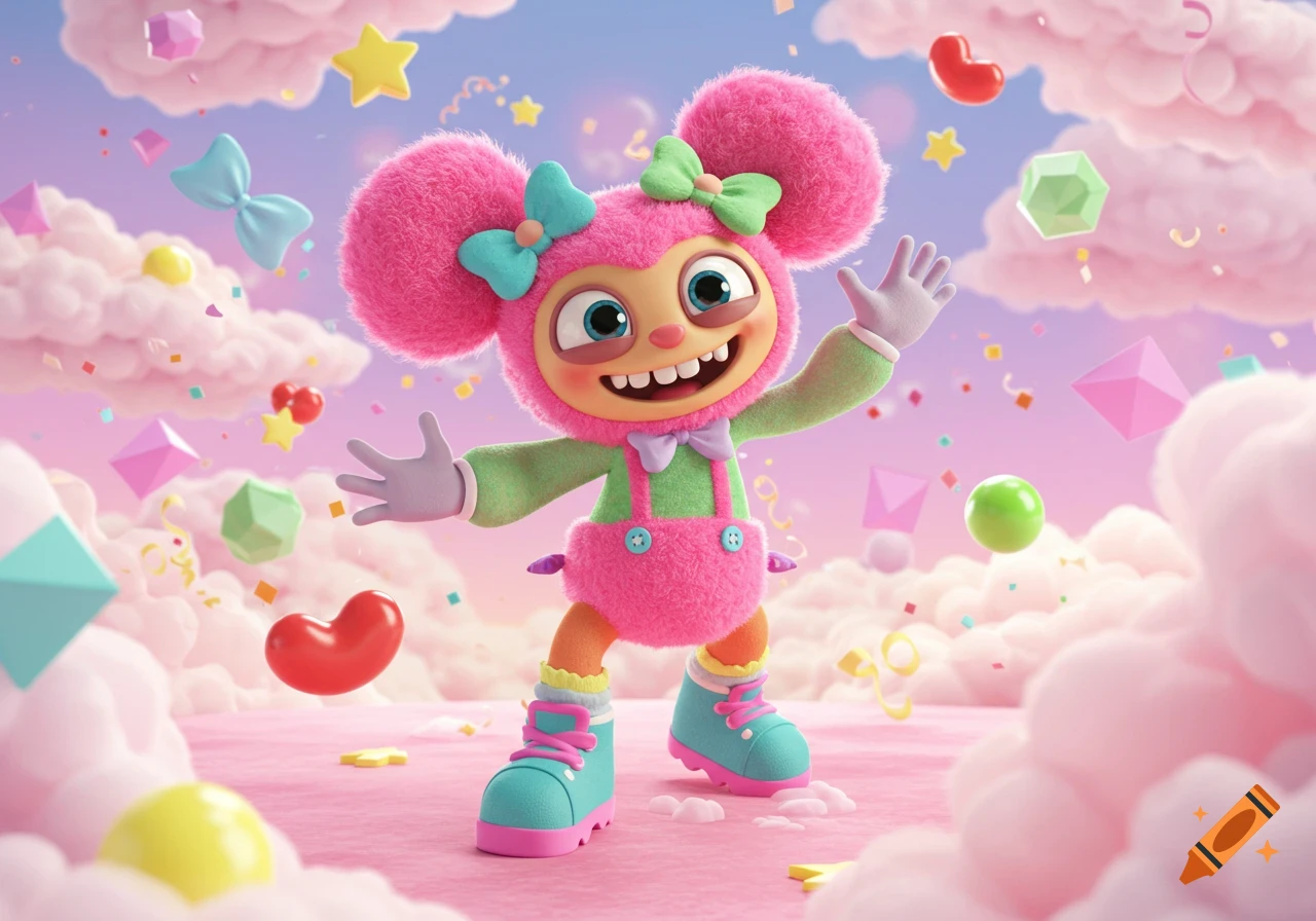 A vibrant 3D cartoon character with large pink fuzzy ears and bows, wearing overalls and big shoes, smiling amidst floating candies and pink clouds.
