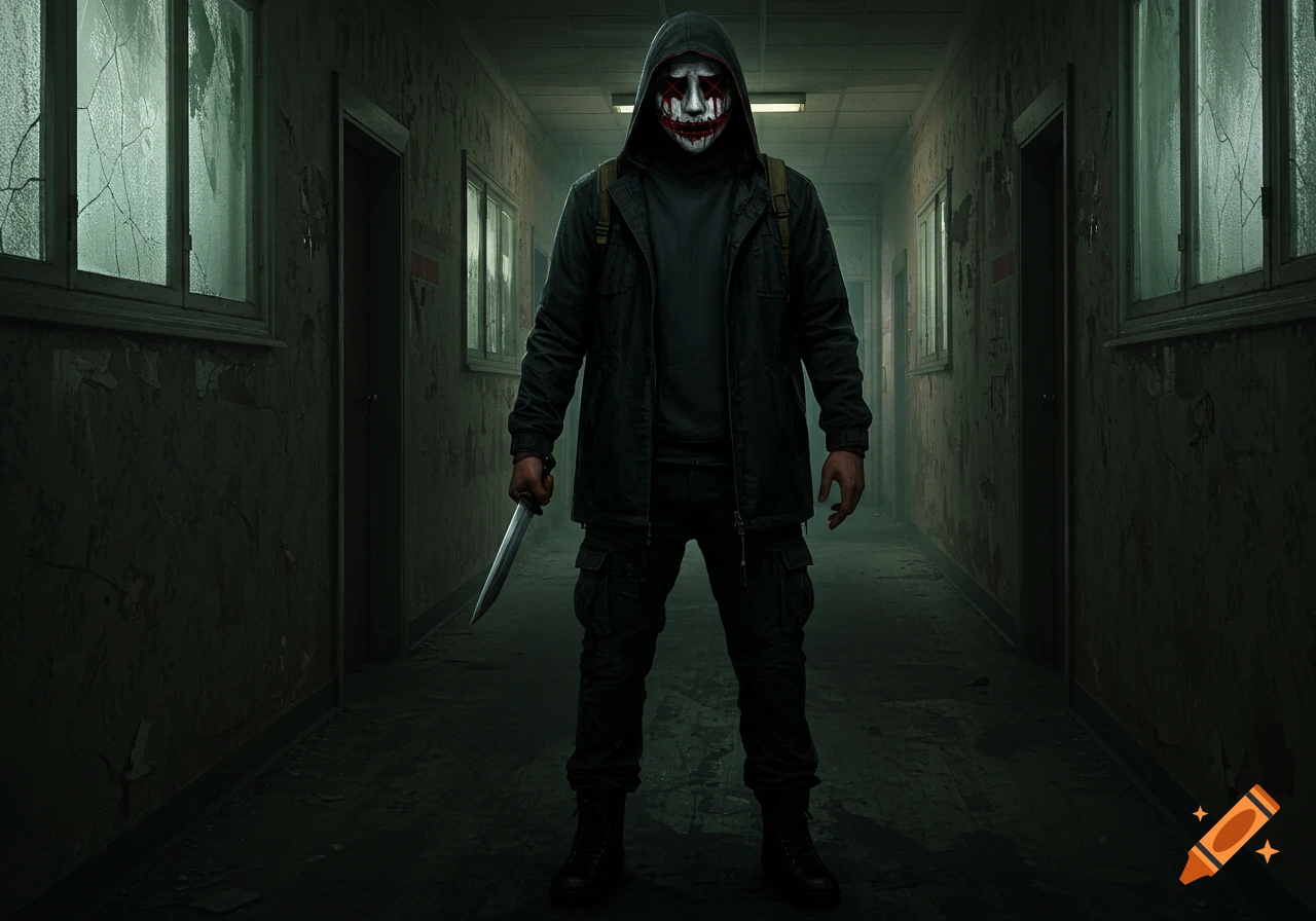 A masked figure in a black hoodie and cargo pants holds a knife in a dark, dilapidated hallway.