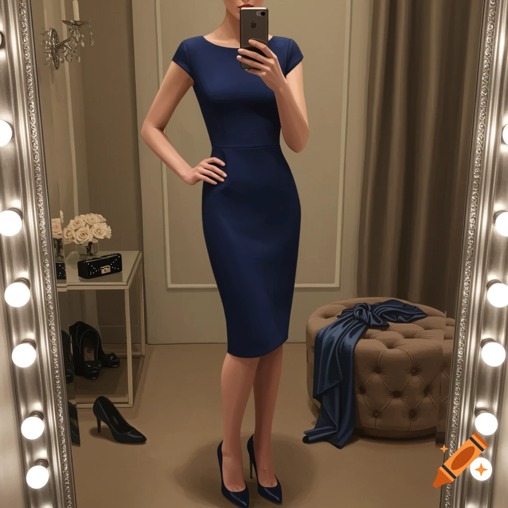 A woman in a navy blue pencil dress and matching heels takes a mirror selfie in a well-lit dressing room.