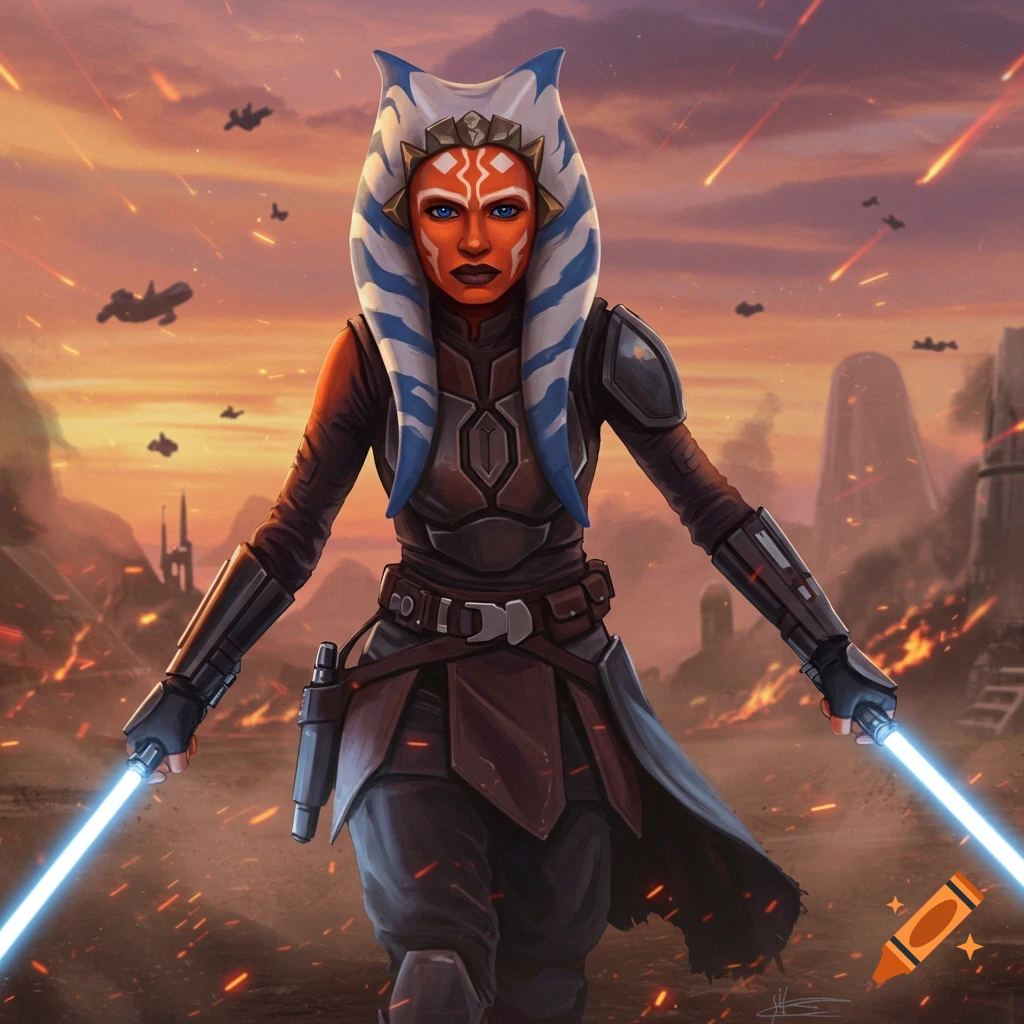 Ahsoka Tano stands with two blue lightsabers amidst a fiery battle scene on a desolate planet with falling meteors and flying ships, digital art.