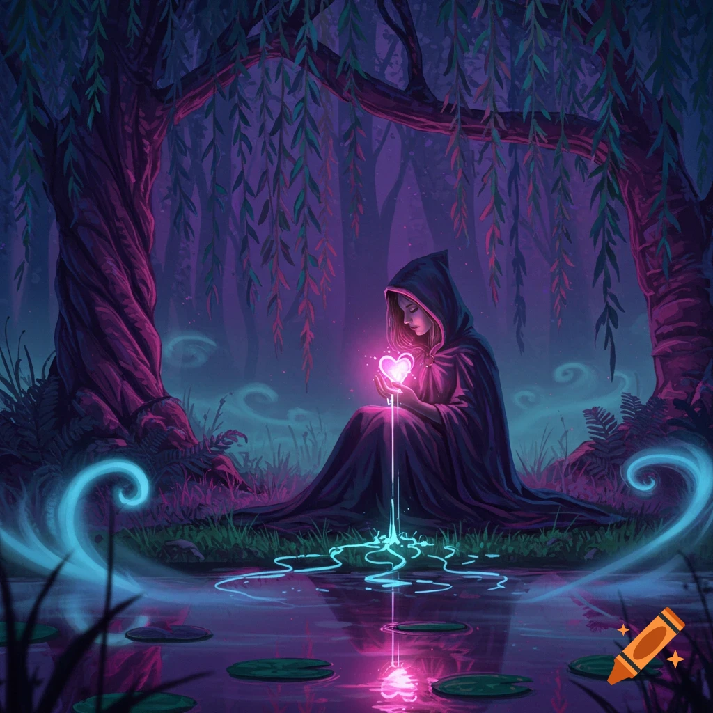 A hooded woman sits under willow trees in a dark, neon forest, holding a glowing pink heart that drips into a reflective pool.