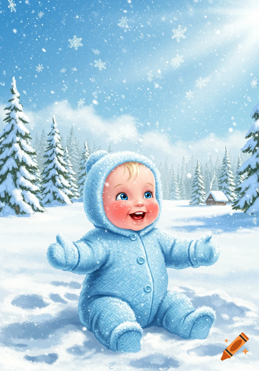 A cute baby in a blue snowsuit sitting in fresh snow, surrounded by pine trees, under falling snowflakes and a bright blue sky. Illustration style.