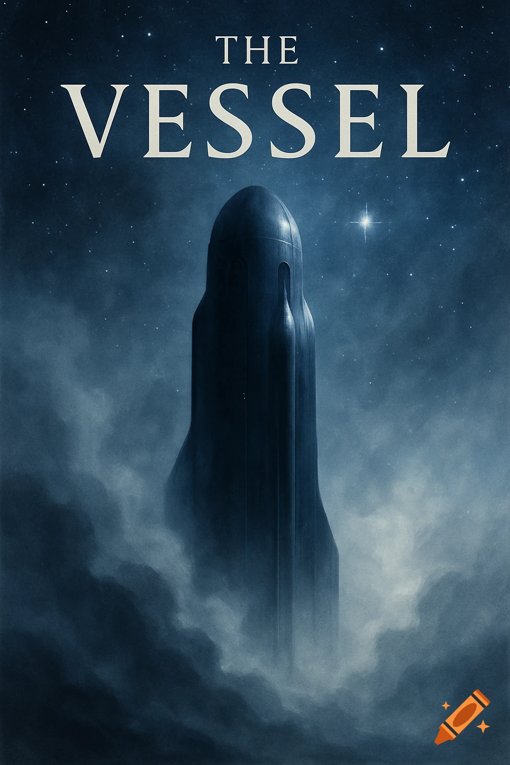 A dark, cylindrical spaceship silhouette emerges from misty clouds against a starry night sky, with the title 'THE VESSEL' above.