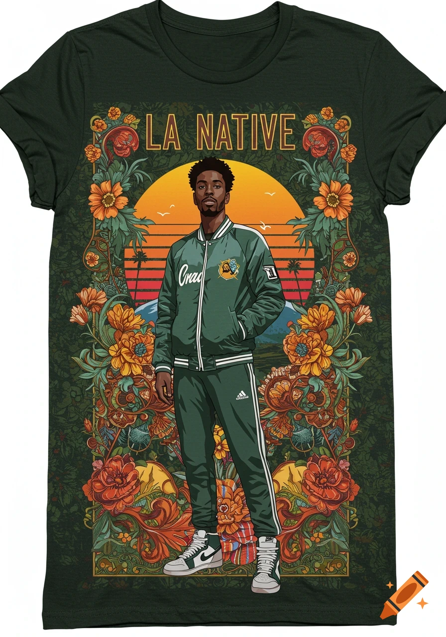A T-shirt featuring a stylish Black man in a green tracksuit, against a retro sunset and lush floral border with "LA NATIVE" text.