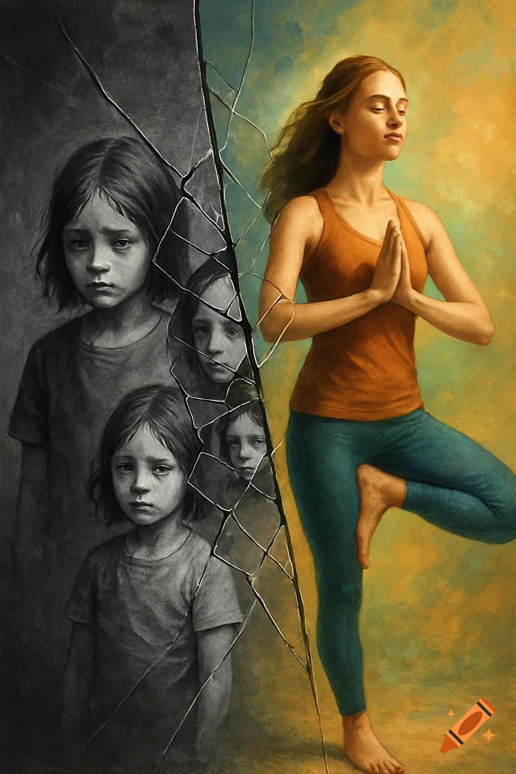 A woman in a yoga pose on the right, in color, separated by a cracked mirror from multiple black and white images of a sad child on the left.