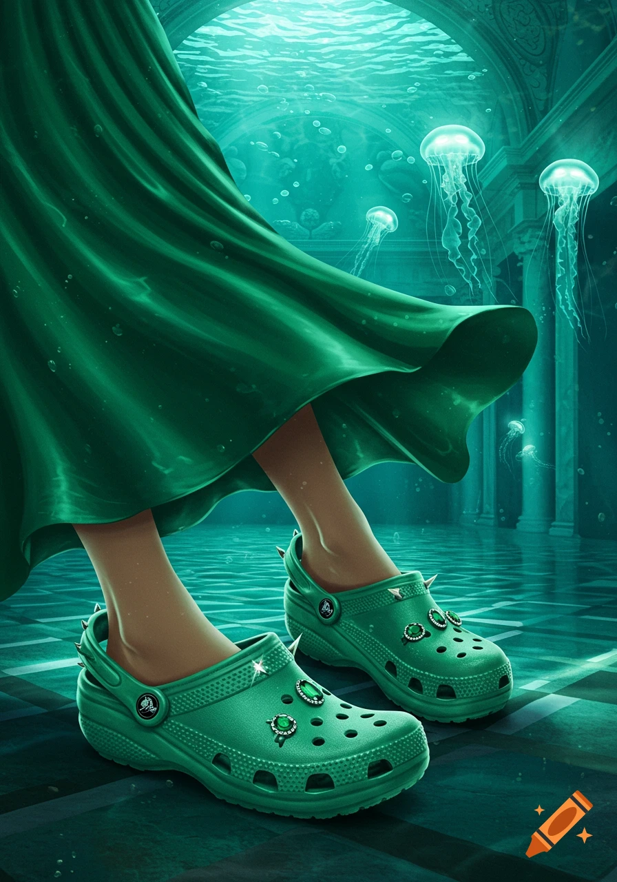 A person in a flowing emerald green dress and embellished green Crocs walks on a tiled floor underwater, surrounded by jellyfish and ancient ruins.