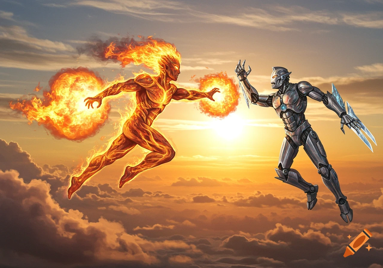 A fire superhero flies towards a silver robot with blade hands, shooting a fireball across a sunset sky above clouds.