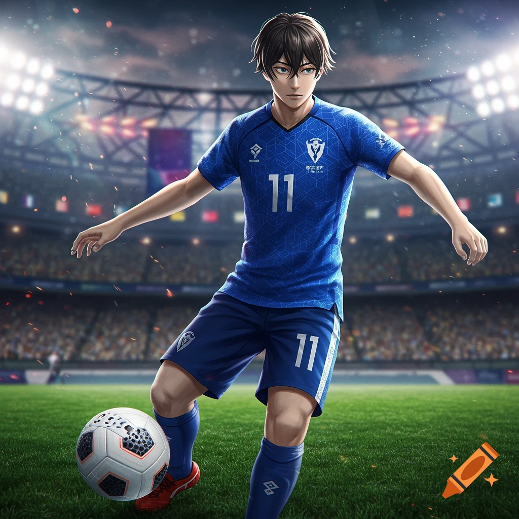 An anime boy in a blue soccer uniform, number 11, dribbling a ball on a green field in a stadium.