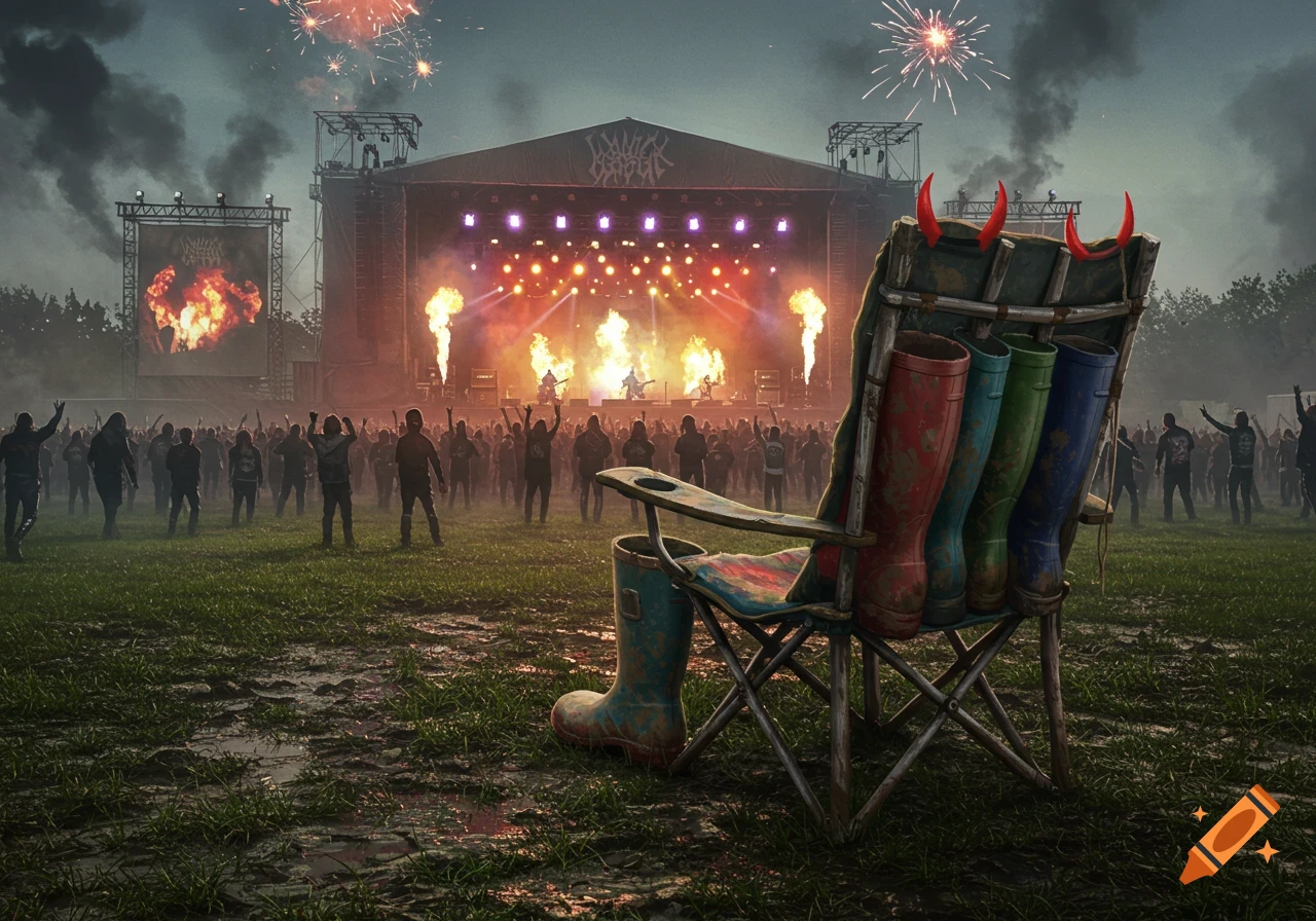 A festival camping chair made of colorful boots sits on a muddy field in front of a heavy metal stage with fire effects, fireworks, and a crowd.