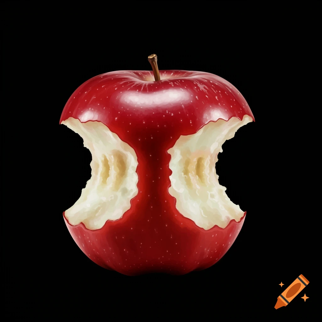 A red apple with two bites taken out of it, set against a black background.