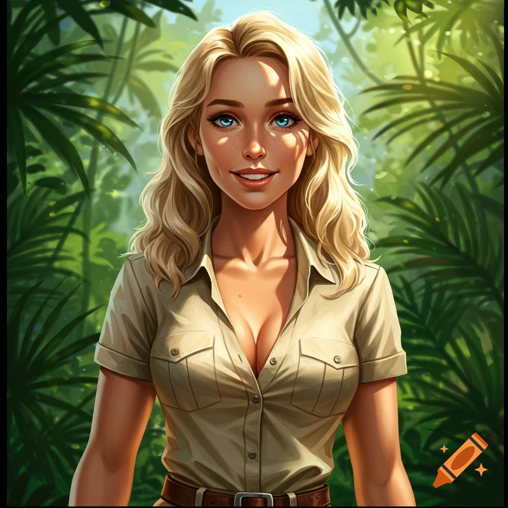 Smiling blonde woman with blue eyes and freckles in a safari shirt in a jungle, digital art.