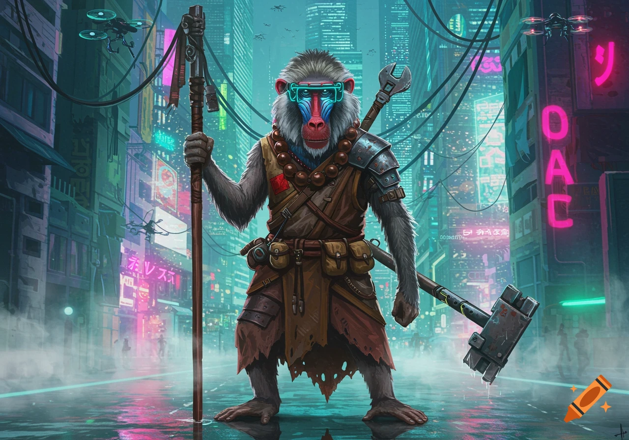 A powerful baboon warrior-monk with techno-goggles stands in a rainy cyberpunk city street with neon lights.