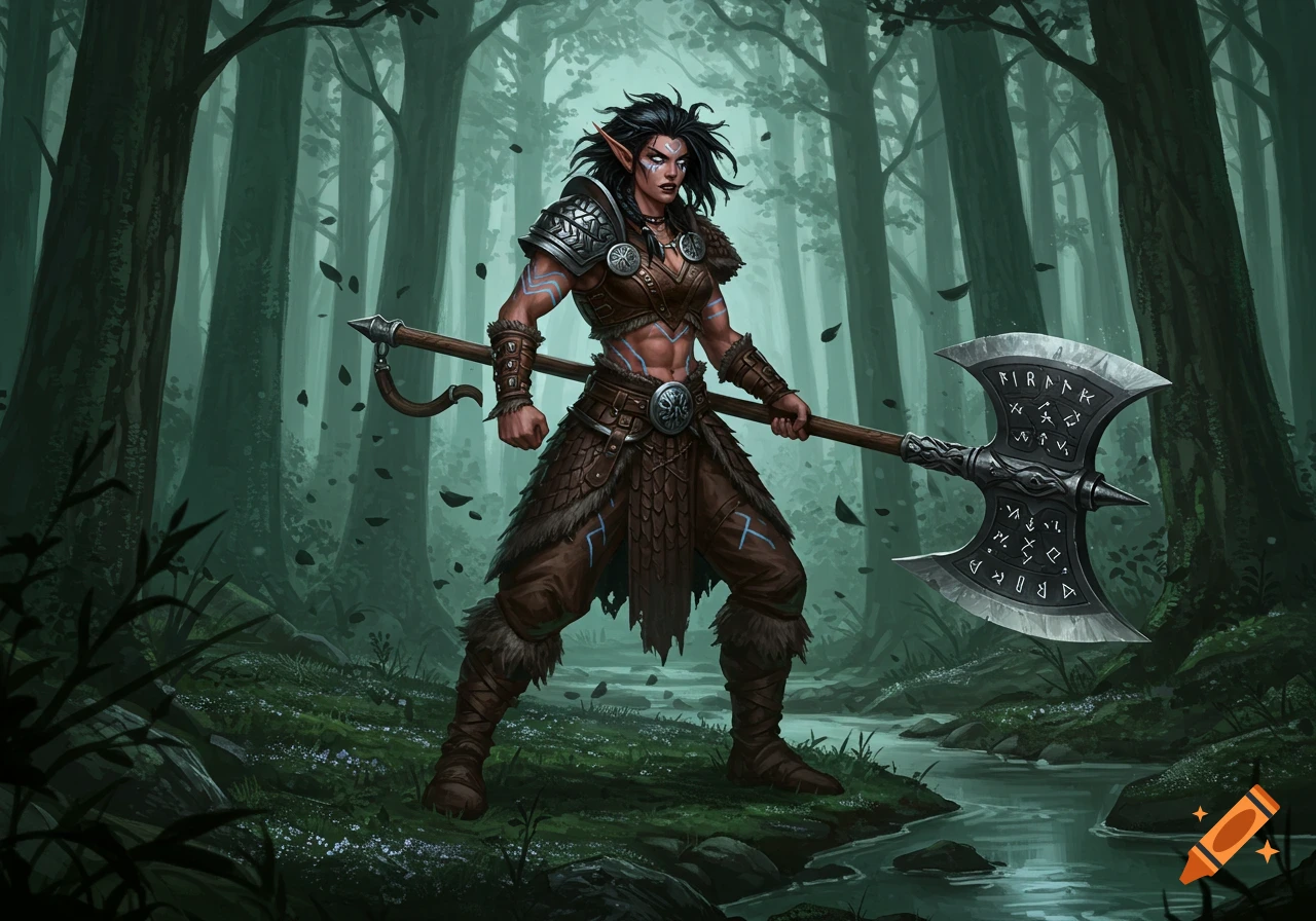 A fierce elf barbarian with dark hair and pale skin holds a large double-bladed axe in a misty forest.