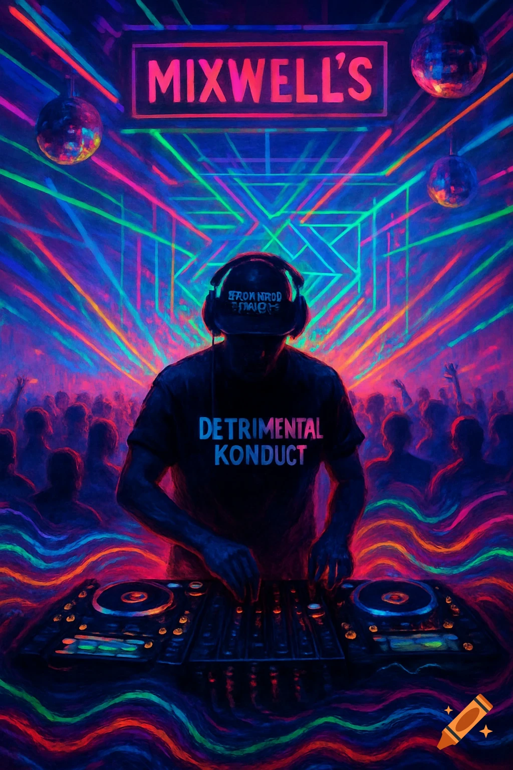 A DJ in a dark club surrounded by vibrant neon laser lights and disco balls, with a glowing sign and text on his shirt.