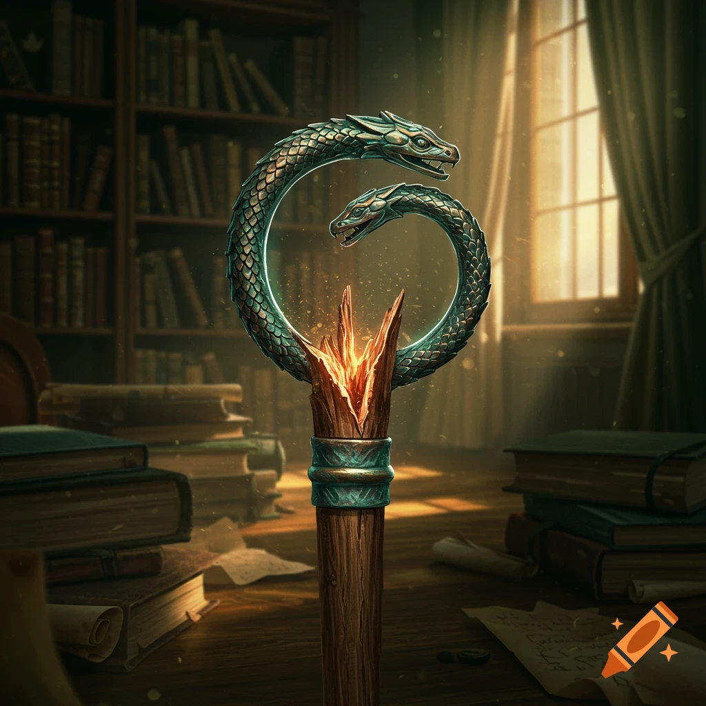 A wooden staff with a glowing, intertwined ouroboros top made of two dragon heads stands upright in a dimly lit library.