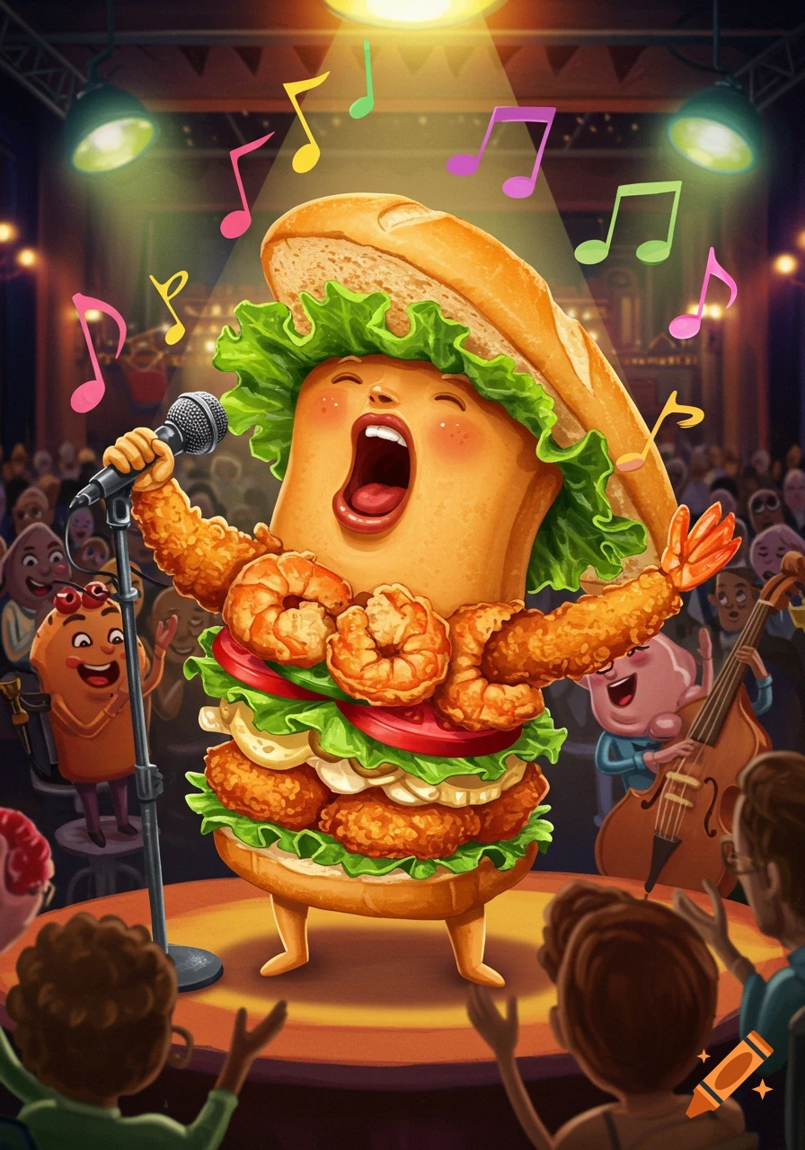 A whimsical cartoon Po'boy sandwich sings into a microphone on stage, surrounded by a cheering audience of other cartoon food characters.