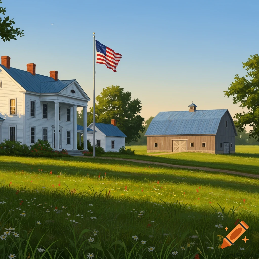 A white farmhouse and a barn with a blue roof in a green field with an American flag flying on a pole on a sunny day.