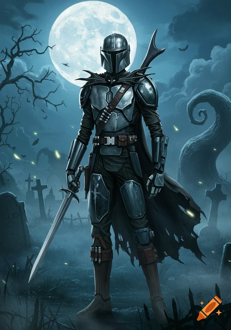 A Mandalorian-like character in beskar armor stands in a spooky graveyard under a full moon, holding a sword.