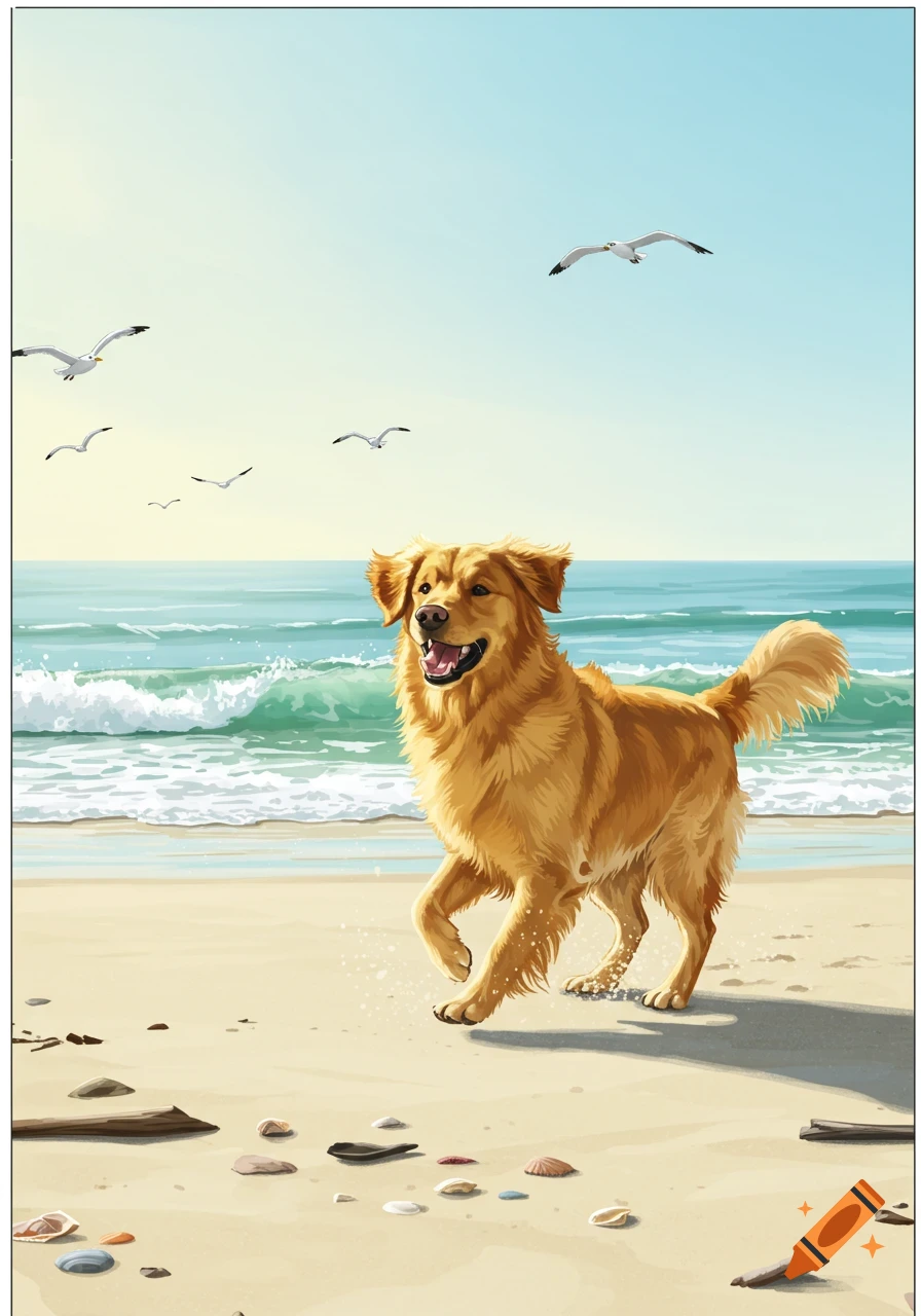 A happy golden retriever dog runs on a sunny beach with seagulls flying overhead.