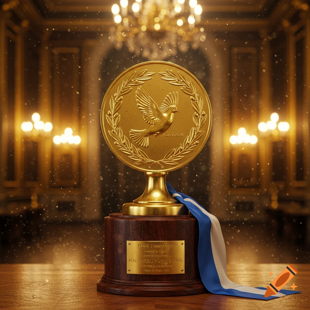 A gold trophy with a dove and olive branches, a wooden base, and a blue and white ribbon, on a table in a grand hall with chandeliers.