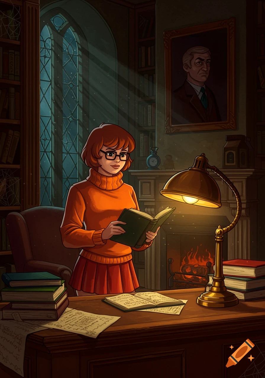 Velma Dinkley in an orange sweater and red skirt reads a book at a desk in a dimly lit library with a fireplace and large window, in a cartoon style.
