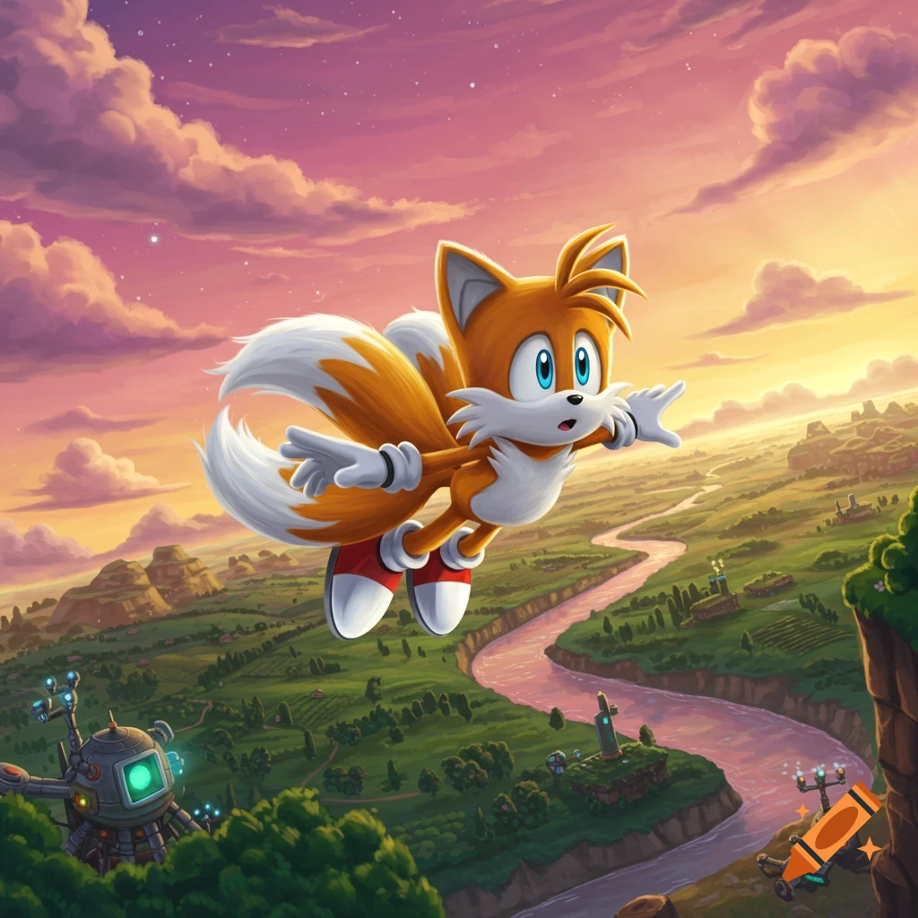 Tails, the two-tailed fox, flying over a green landscape with a winding river under a vibrant sunset sky.