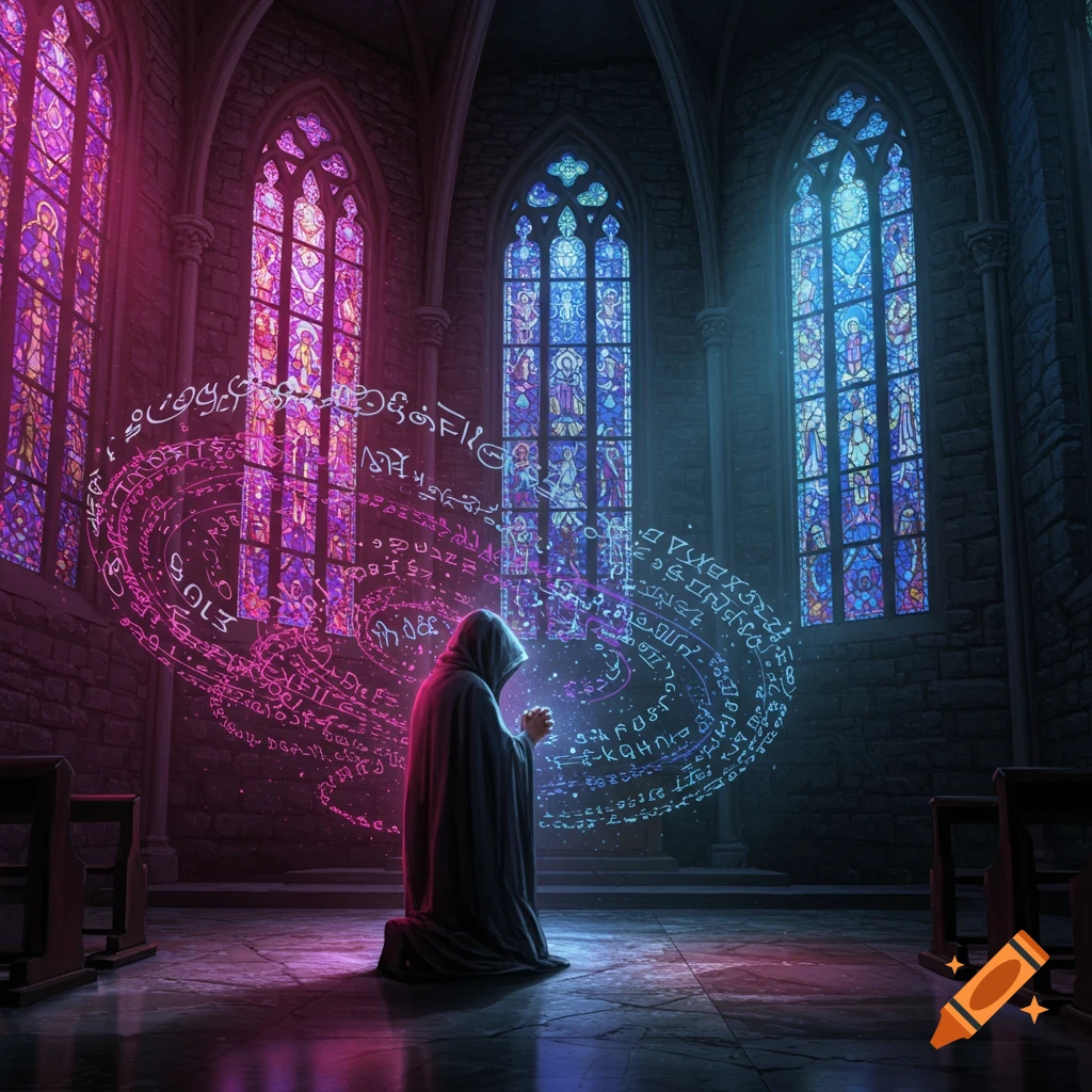 A hooded figure kneels in a dimly lit cathedral with glowing, swirling mystical symbols and vibrant pink and blue stained glass windows.