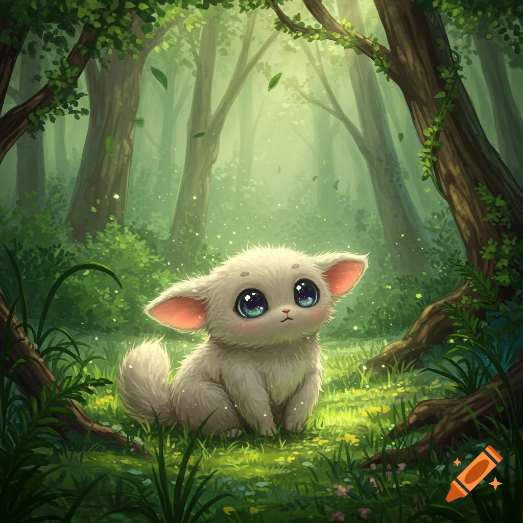 A small, fluffy white creature with large blue-green eyes sits in a bright, green magical forest.
