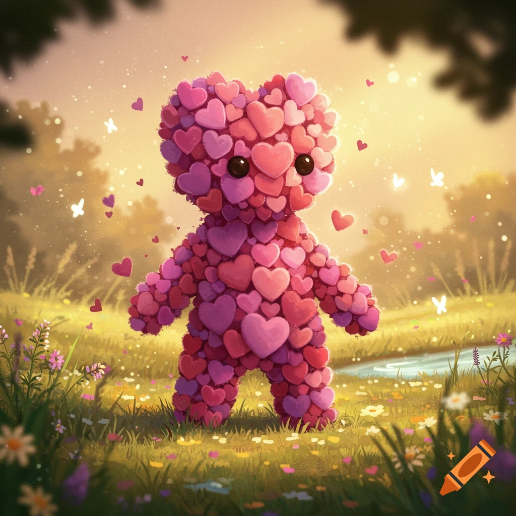 A cute creature made of pink and red hearts stands in a sunny, whimsical field with flowers and a stream.