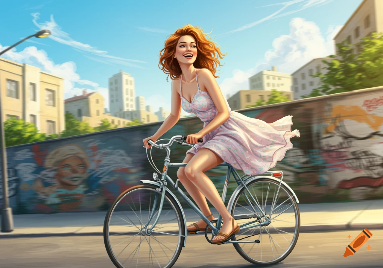 A smiling woman with red hair rides a bicycle down a city street, her pink dress flowing. Buildings and graffiti line the background.