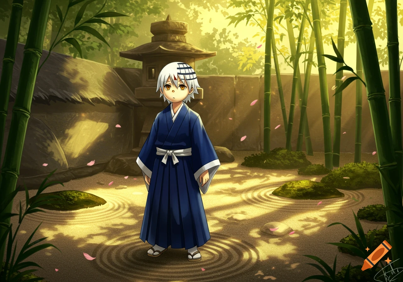 A polite boy in traditional blue Japanese clothing stands in a serene Japanese garden with bamboo, rocks, and raked sand, in an anime art style.