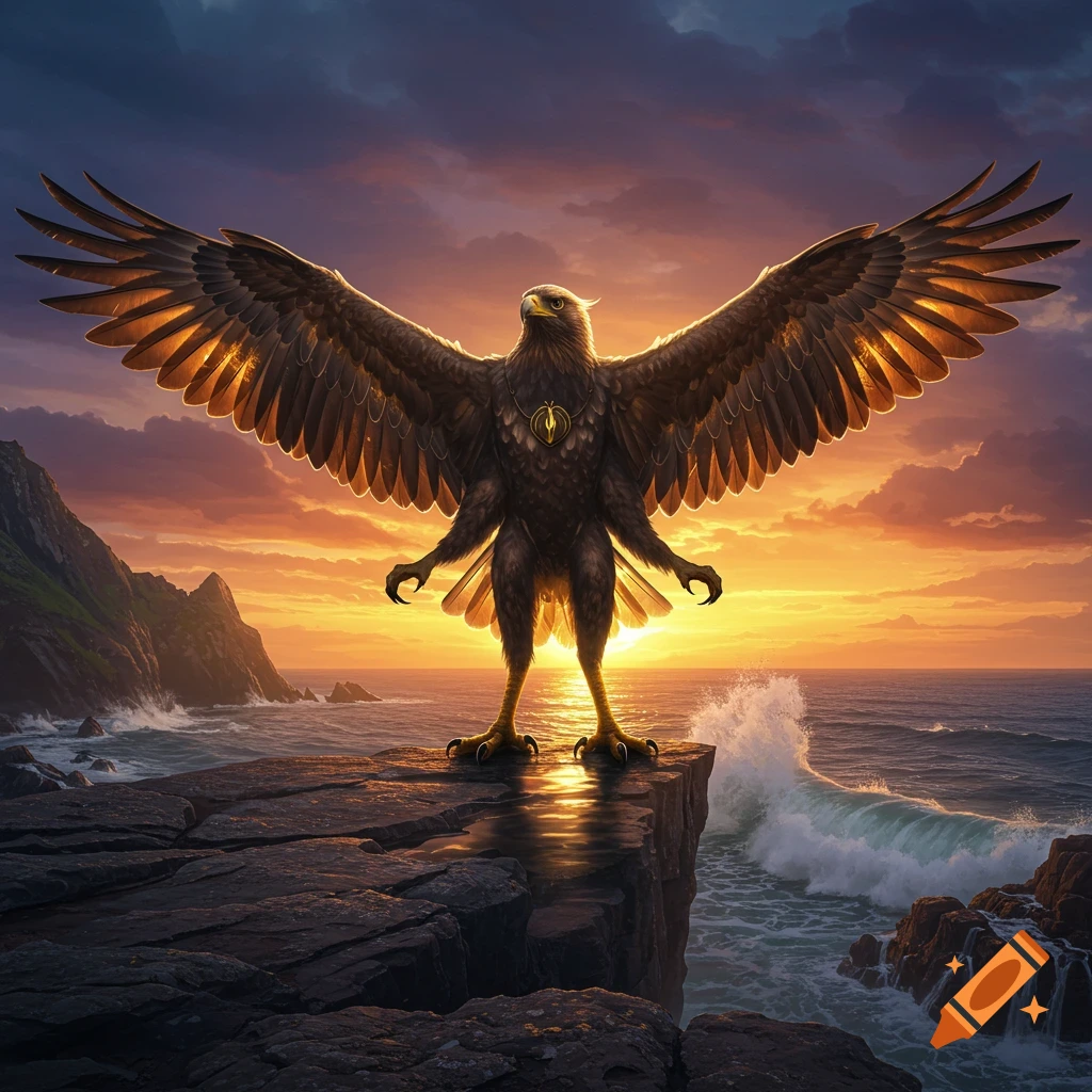 A majestic four-legged eagle with outstretched wings stands on a cliff overlooking an ocean sunset, digital art.