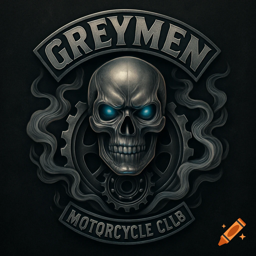 A stylized metallic skull with glowing blue eyes, set against gears and smoke, with 'GREYMEN' above and 'MOTORCYCLE CLUB' below, on a dark background.