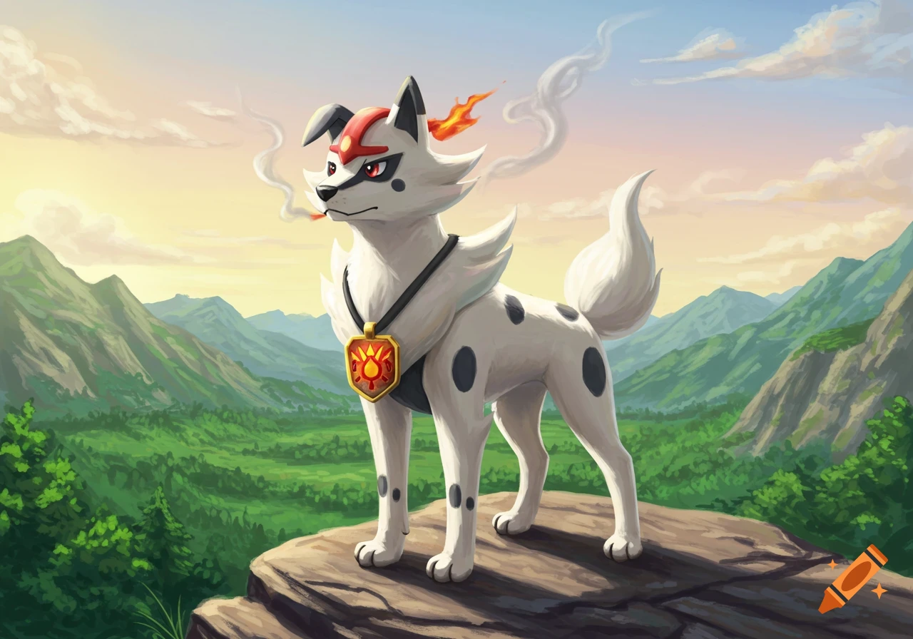 A white dog-like Pokémon with black spots, red markings, and a fire badge stands on a rock, overlooking a green mountain valley at sunset.