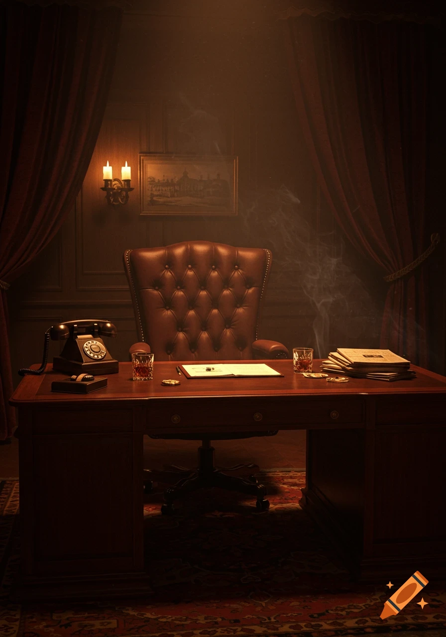 Photorealistic image of a dimly lit, vintage office with a large leather armchair, wooden desk, old telephone, papers, and smoke.
