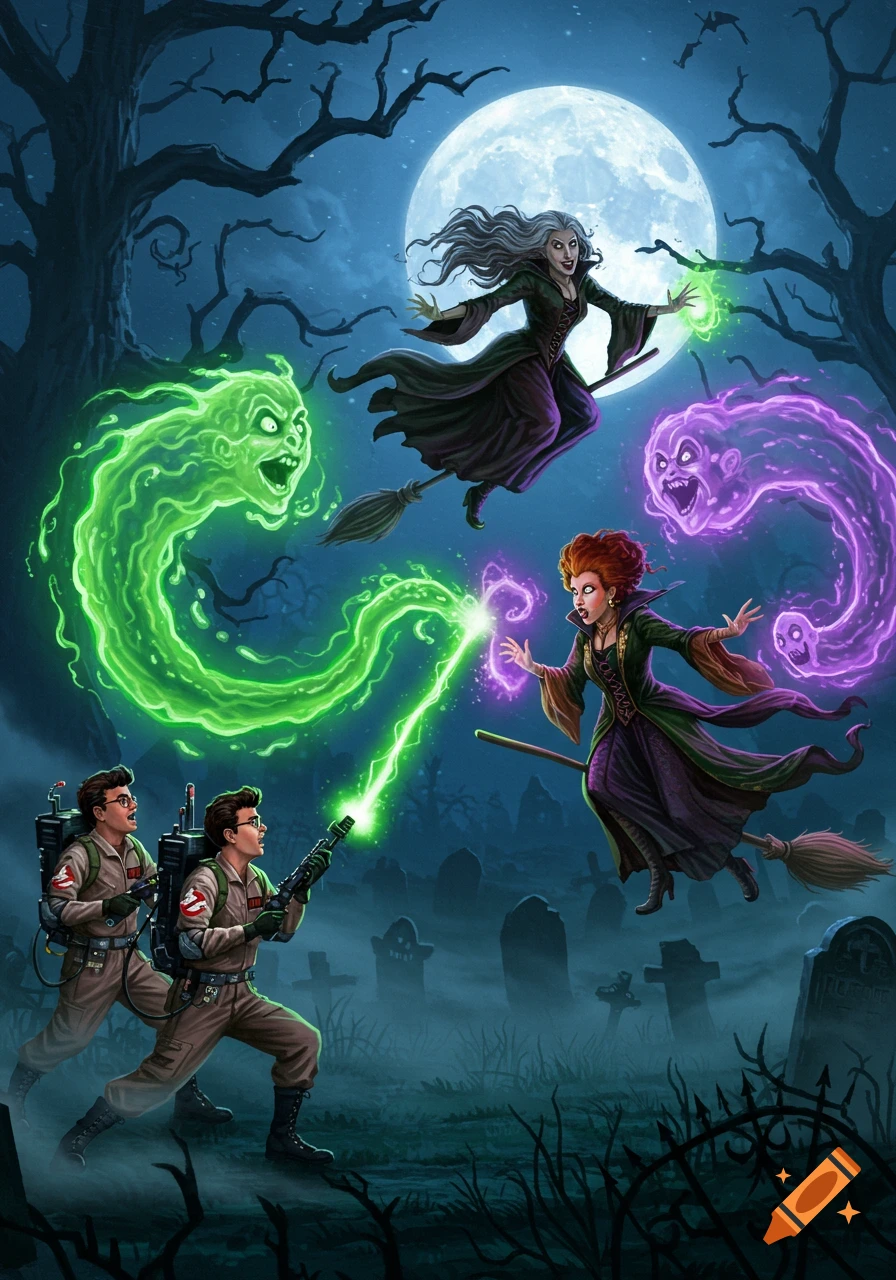 Ghostbusters battle Hocus Pocus witches and ghosts in a misty graveyard under a full moon, with proton streams and magical energy. Illustrated.